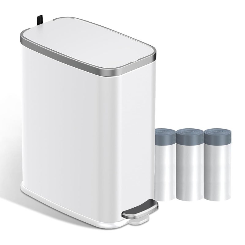 KdbK Stainless Steel Bathroom Trash Can with Lid Soft Close,1.6 Gallon Slim Garbage can,Small Metal Step Wastebasket for Office, Bedroom, Toilet, White - Image 1